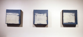 Installation shot of three works, each 9 x 9 inches, 2014, in the exhibition under review