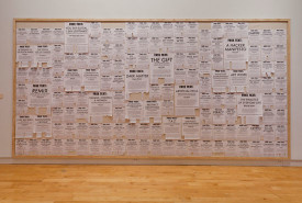 Stephanie Syjuco, Free Texts, 2011-12. Varying-sized printouts, free downloadable PDF files of texts found online, and tear-off tab flyers, 192 x 96 inches. Courtesy of the artist and Catharine Clark Gallery.