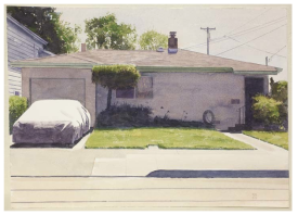 Robert Bechtle, Covered Car Alameda - Encinal and Fountain, 2009. Watercolor on paper, 10 x 14 inches. Courtesy of Gallery Paule Anglim