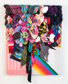Shinique Smith, Bright Matter, 2013. Clothing, fabric, and ribbon on wood panel, 63 x 52 x 5 inches. Zang Collection, London. Photo: Adam Reich; Courtesy James Cohan Gallery, New York/Shanghai