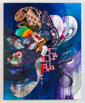 Shinique Smith, Through Native Streets, 2011. Ink, acrylic, fabric and paper collage, and found objects on canvas over panel, 60 x 48 x 6 inches. Courtesy James Cohan Gallery, New York/Shanghai. Photo: Adam Reich