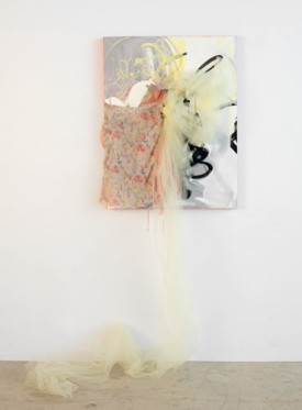 Shinique Smith, There Were Sunday Mornings, 2008. Acrylic, fabric, collage with train on canvas, 40 x 30 x 72 inches. Courtesy James Cohan Gallery, New York/Shanghai. Photo: Adam Reich