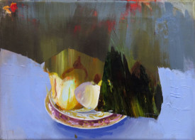 Judith Simonian, Fruit on Blue Table, 2013. Acrylic on canvas, 11 x 15-3/4 inches. Courtesy of Edward Thorp Gallery
