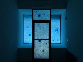 Tony Feher, Sashimi Dance Parade In Six Movements, 2015. Blue painter’s tape, UV Plexiglass, six panels. Courtesy of Kerry Schuss