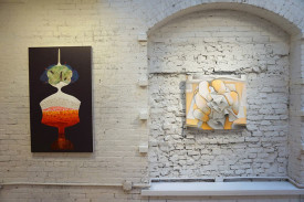 Installation shot, From Now On In at Brian Morris Gallery and Buddy Warren Inc. showing works by Carrie Moyer and Alexi Worth. Courtesy of Brian Morris Gallery