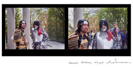 Eve Sonneman, Samurai, Cherry Blossoms, New York, 2013. Digitally printed photograph on Japanese paper, diptych, ed. of ten, 20 x 30 inches (whole page). Courtesy of Nohra Haime Gallery