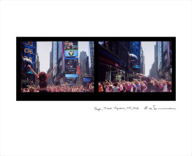 Eve Sonneman, Yoga, Times Square, New York, 2013. Digitally printed photograph on Japanese paper, diptych, ed. of ten, 20 x 30 inches (whole page). Courtesy of Nohra Haime Gallery