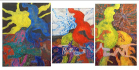 Bill Jensen, Loom of Origins, 2014-15. Oil on linen, triptych, 62 x 123-1/2 inches overall. Courtesy of Cheim & Read Gallery