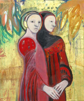 Selina Trieff, Two Women in Red, 1997. Oil, gold leaf on canvas, 36 x 30 inches. Courtesy of Ruth Bachofner Gallery