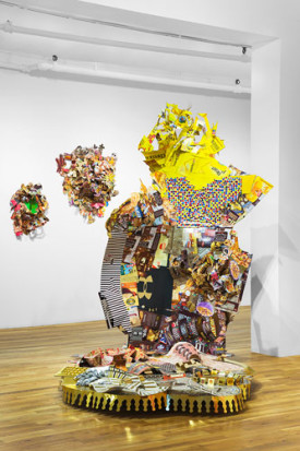 Lisa Hoke, Aisle 1, 2015. Cardboard packaging, wheels, glue and hardware, dimensions variable. Courtesy of the artist and Pavel Zoubok Gallery, New York. Photo: Daniel Terna