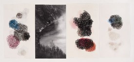 Denise Green, Saar Elegy: Loop, 2014. Three works on paper, one photograph, 29.5 x 74 inches total. Courtesy of Sundaram Tagore Gallery