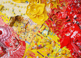 Lisa Hoke, Coming Attractions, 2015. Detail. Cardboard packaging, glue and hardware, 116-1/2 x 196 x 12 inches. Courtesy of the artist and Pavel Zoubok Gallery, New York. Photo: Daniel Terna