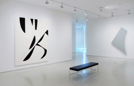 Installation shot, “Space Between”, Flag Art Foundation, 2015, with Sarah Crowner, Sliced Snake, 2015 (left) and Tony DeLap, Mystry Man, 1984.