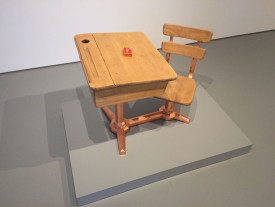 Sonny Assu, Leila’s Desk, 2013. 1930s School desk (wood and cast iron), copper leaf, and vintage Lifebuoy soap, 22 x 33 x 24 inches. Courtesy of the artist.