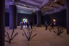 works by Bruce Nauman and Adel Abdessemed paired in the Arsenale. Photo: Tom Csaszar for artcritical.com