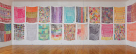 Polly Apfelbaum, Handweavers Pattern Book installation, 2014. Textiles with marker on rayon silk velvet and ceramic beads on embroidery thread. Courtesy of the artist and Clifton Benevento. Photo: Andres Ramirez