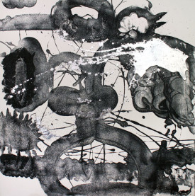 Catherine Howe, Carborundum and Silver (splashy), 2015. Acrylic, intaglio ink, polyester sheeting, 40 x 40 inches.. Courtesy of the Artist and Cross Contemporary Art