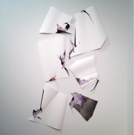 Gelah Penn, Fractured Polyglot Y, 2014. Lenticular palastic, digital print, graphite, monofiliment, acrylic, paint, metal staples, vinyl covered Dacron line on Yupo, 87 x 51 x 4 inches
