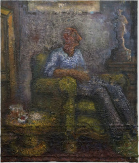 John Lees, Man Sitting in an Armchair, 2008-2015. Oil on canvas, 42 x 36 inches. Courtesy of Betty Cuningham Gallery