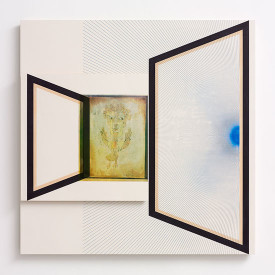 R.H. Quaytman, ???, Chapter 29, 2015. Silkscreen ink, gesso on wood, two panels: 37 x 37 inches (back) and 20 x 20 inches (front). Courtesy of the Artist and Miguel Abreu Gallery