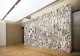 Ellen Harvey: Metal Painting, 2015. 887 paintings in oil on plywood, magnets, steel wall, overall: 15 x 24 feet. Commissioned by the Barnes Foundation. Photo: Rick Echelmeyer.