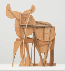 Pablo Picasso, Bull, 1958. Blockboard (wood base panel), palm frond and various other tree branches, eyebolt, nails, and screws, with drips of alkyd and pencil markings, 56-3/4 x 46-1/8 x 4-1/8 inches. The Museum of Modern Art, New York.