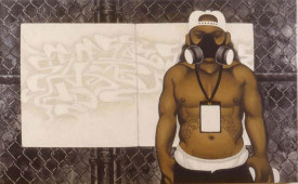 Martin Wong, Sharp Paints a Picture (Collaboration with Sharp) , 1997-98. Acrylic on canvase, 30 x 48 inches. The Estate of Martin Wong, courtesy of PPOW Gallery