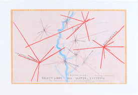 Mary Miss, Crossings: Bright Lines & Water Systems, 2014. Color pencil on paper, 15 x 21 ¾ inches. Courtesy the artist. Photo: Taylor Dafoe.