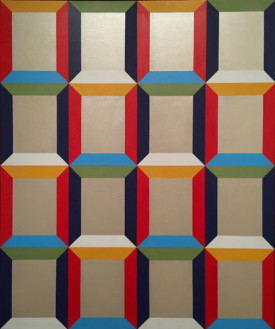 Miriam Schapiro, Silver Windows, 1967. Acrylic on canvas, 60 x 50 inches. Collection of Beau R. Ott