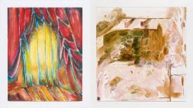 Left: David Armacost, untitled, 2015. Acrylic and charcoal on linen, 40 x 32 inches. Right: Nikholis Planck, TBT (Ancestral Swamp) or (Dry Brush A.W.), 2015. Silicone, collage, wood pencil, and water-soluble oil on wax on canvas, 49 x 47 inches