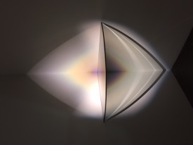 Larry Bell, DBS 1981 Corner Lamp. Glass and Light installation. At MANA, Wynwood. Miami, FL