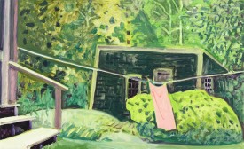 Lois Dodd, Pink Towel + Chicken House, June, 2015. Oil on Masonite, 11 7/8 x 19 1/8 inches. Courtesy of Alexandre Gallery