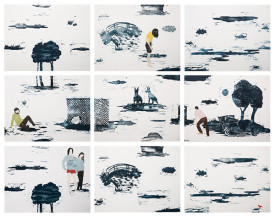 Elin Rødseth, Wayfarers, 2015. Suite of 9 color woodcuts with hand-pressed monotype additions, 11 7/8 x 15 in. each, Edition of 5. Published by Owen James Gallery