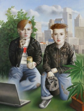 Amy Hill, Two Boys, 2016. Oil on canvas, 40 x 30 inches. Courtesy of Amy Hill and Front Room Gallery