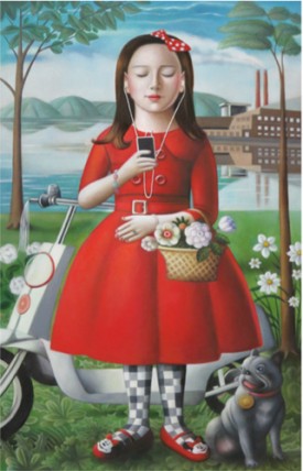 Amy Hill, Girl with Skooter, 2016. Oil on canvas, 36 x 24 inches. Courtesy of Amy Hill and Front Room Gallery