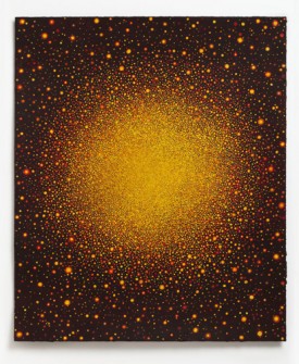 Karen Arm, Untitled (Yellow Red Sun on Black Red), 2016. Watercolor on paper, 18 x 15 inches. Courtesy of the artist and P.P.O.W.