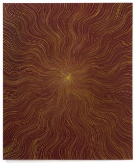 Karen Arm, Untitled (Yellow Wavy Ray on Brown Red), 2016. Acrylic on canvas, 48 x 40 inches. Courtesy of the artist and P.P.O.W.