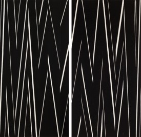 David Rhodes, Diptych: Between the Days, 20.1.16/8.5.16, 2016. Acrylic on canvas, 78 x 80 inches. Courtesy of the Artist and Hionas Gallery.