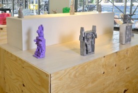 Installation shot of the exhibition under review, with Bathtub Madonna (2013), Ouroboros (2014), H. D. T. (Henry David Thoreau)