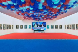 Installation view, "Jonathan Horowitz: Occupy Greenwich," 2016 at the Brant Foundation. Photo by Tom Powel Imaging, Inc. Courtesy The Brant Foundation.