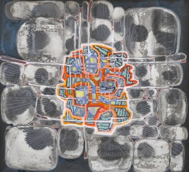 Sarah Walker, Space Machine I, 2016. Acrylic on paper mounted on linen, 22 x 24 inches. Courtesy of the artist and Pierogi Gallery