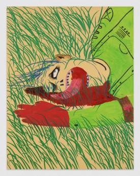 Calving Marcus, Dead Soldier, 2016. Oil stick, cel-vinyl, liquid water color, and emulsified gesso on linen/canvas blend, 101 1/2 x 79 inches. Courtesy of the artist and Clearing.