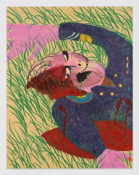 Calving Marcus, Dead Soldier, 2016. Oil stick, cel-vinyl, liquid water color, and emulsified gesso on linen/canvas blend, 101 1/2 x 79 inches. Courtesy of the artist and Clearing.