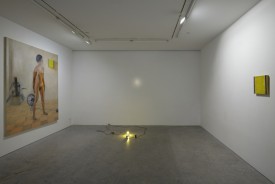 Installation shot of the exhibition under review showing, left to right, Bonnie, 1978, oil on canvas, 85½ x 70½ inches; Yellow Scoot, 12 July, 1970, mixed media; and Yellow Blue, 1978, oil and pigment on canvas, 12 x 12 inches. Courtesy of Fredericks & Freiser