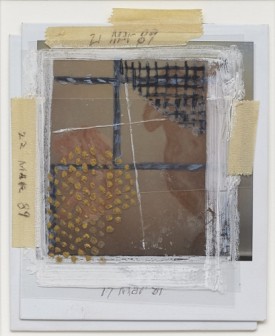 Robert Overby, No Title (ref #35), 17, 21, 22 March 1989, 8 Feb 88. Gouache, graphite, ballpoint ink and masking tape on acetate on Polaroid, 4½ x 3 ¾ inches. Courtesy of Fredericks & Freiser