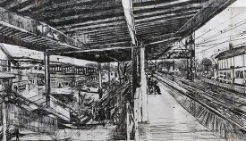 Stanley Lewis, Westport Train Station with Figures, 2009. Ink on paper, 13 x 23 inches. The Louis-Dreyfus Family Collection. Currently on view in the exhibition, Stanley Lewis: The Way Things Are at the New York Studio School through November 13