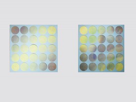 Siri Berg, Work on Paper, Grid series II, III, 1975. Collage and watercolor under acrylic grid, 16.5 x 16.5 inches. Courtesy of the artist and Peter Hionas