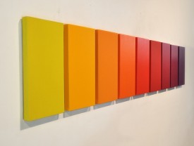 Siri Berg, It’s all about color (Red Gradiation), 2011-2013. 9 panels, 20 x 104 inches overall. Courtesy of the artist and Peter Hionas