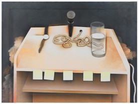 Alexi Worth, Microphone with Post-its, 2013. Acrylic on nylon mesh, 27 x 36 inches. Courtesy of the artist and DC Moore Gallery