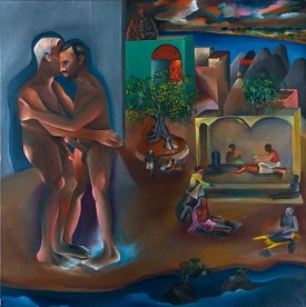 Bhupen Khakhar, Two Men in Banaras, 1982. Oil on canvas, 175 x 175 inches. Courtesy of Chemould Prescott Road Archives, Bombay, India